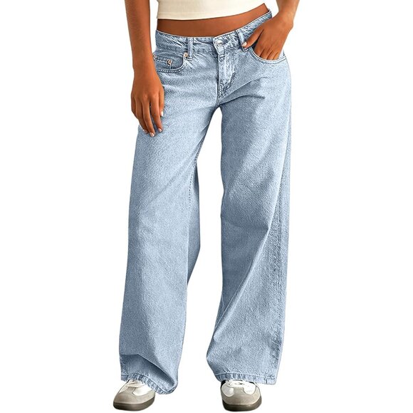 Denim - Women's Baggy Jeans Cotton Low Rise Wide Leg Distressed Casual Pants